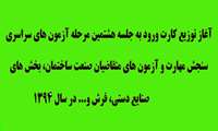 آغاز توزیع کارت ورود به جلسه هشتمین مرحله آزمون های سراسري سنجش مهارت و آزمون های متقاضیان صنعت ساختمان، بخش های صنایع دستي، فرش و... در سال 1394